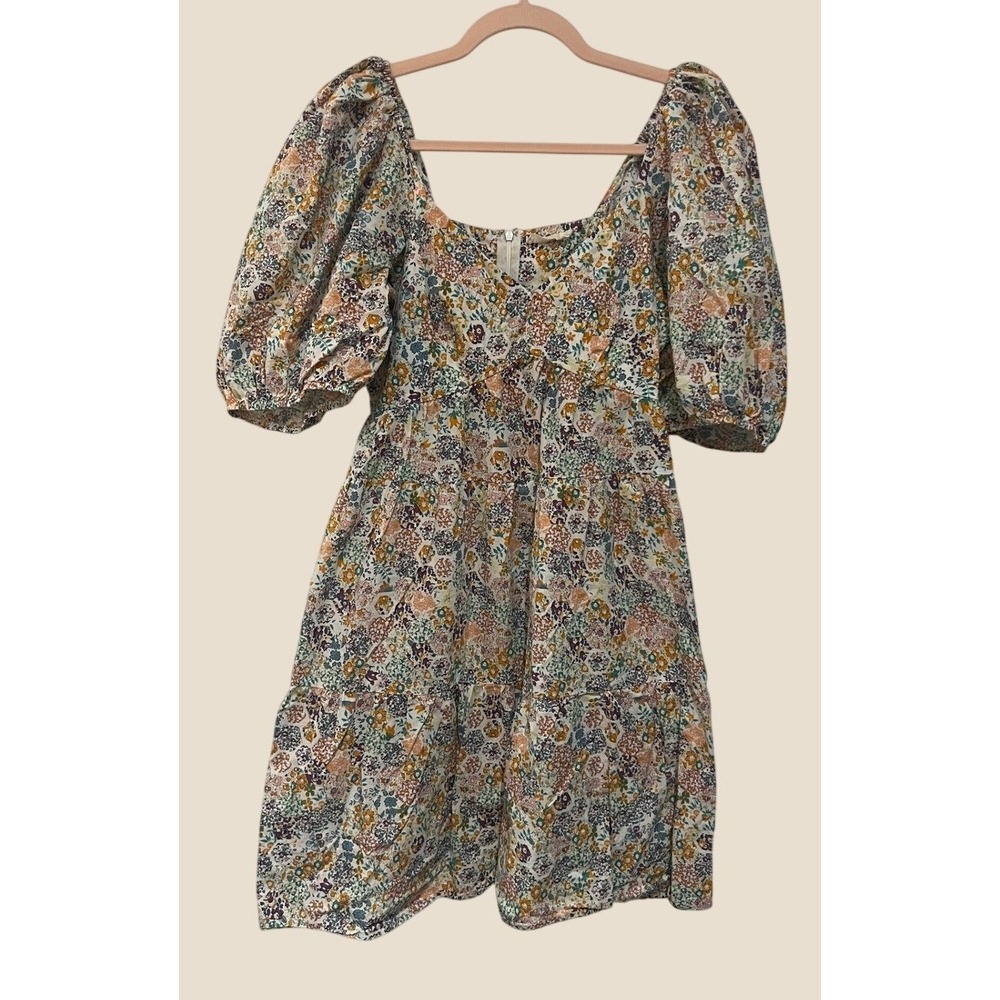 Millibon Dress Womens Size M Multi Color Floral Puff Sleeve Mini 1646